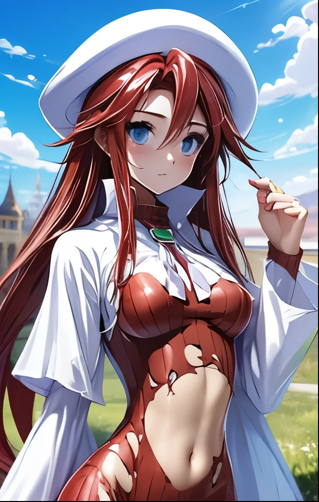 (((SFW、Highest quality、 first class masterpiece 、normal body 、32k、detailed face、super precise、normal hand、5 fingers、Highest)))、Atti(summon night)、Aty(summon night)、Beautiful Girl、Red-silver hair、 flowing hair 、beautiful breasts、slender、 slim、 can be used、Tattered Red Tight Suit Full of Holes、torn clothes、 Navel Exposure 、chest exposed、Muscle Exposure、super miniskirt、white beret、During combat、magic、 Magic Light 、sword、fluid、Sword fighting、Torn Clothes、Outfit Bust、blush
