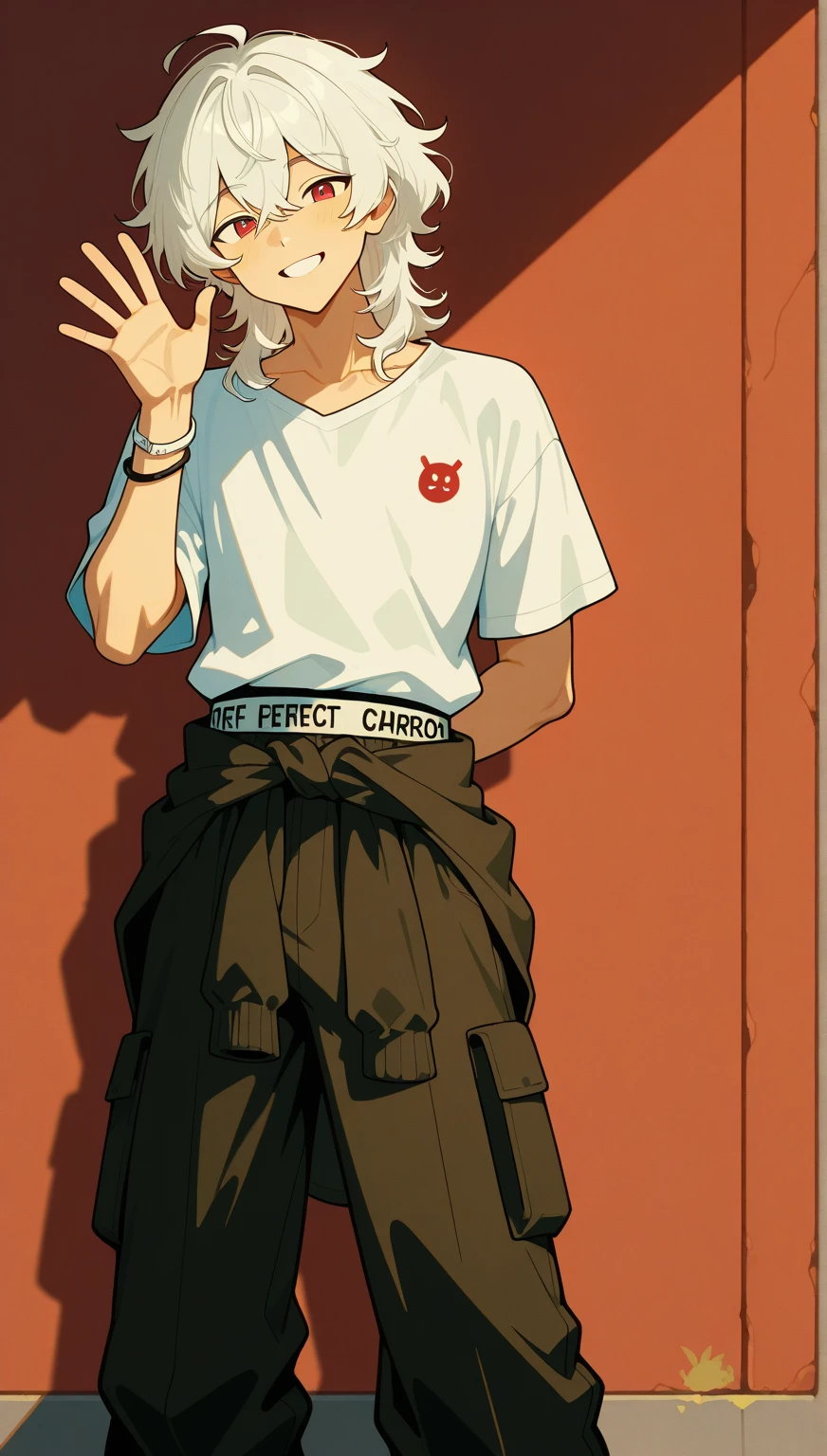 menino, Male cartoon character, male face, bracelets on the arms,  foco solo  , long waist band, loose black cargo pants, Estrutura do    male body, Boy's clothes, pele branca,  , ,  male body, a white band around the waist, short silver hair, unkempt hair, medium hair, wavy hair male, Masculino, perfect face, perfect face, magro, sozinho, black    men's clothing , Plain t-shirt with sleeves,  Bicolo red eyes,   cute red eye, perfect eyes,  men's clothing .,   Cute facial expression , waving pose, hand gesture .