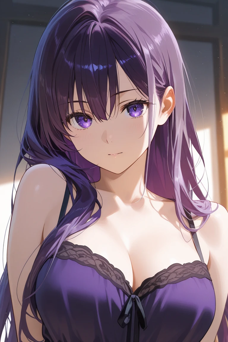 (Best Quality, Masterpiece),sexy, erotic, 1girl, 18 years old, Contempt, pride, long purple hair, ((purple eyes)), (((lingerie))), looking at viewer, medieval bedroom, night, sweat, ((crossed arms)), ((cleavage)), (angry), big breasts, from above, choker, pout face