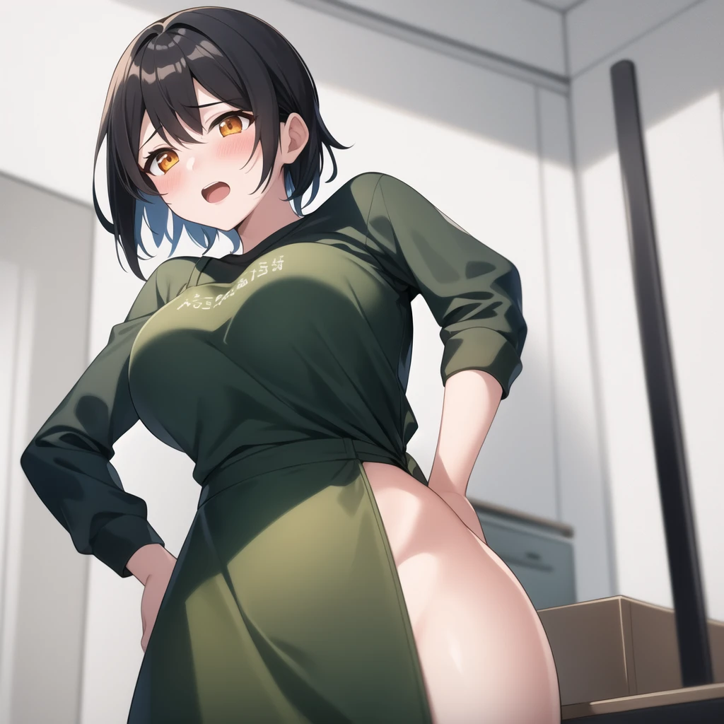, ((High resolution)),masterpiece, high quality, 最high quality, beautiful, perfect lighting, detailed face, super cute face, ((1 girl)), ((alone), short brown hair, brown eyes, embarrassed look, ((blush)), looking at the viewer, ((Forehead))、:d、wavy mouth、parted bangs、asymmetrical bangs、put your hand on your waist, standing in office, daytime, (Chubby), (thigh height), (wide hips), ((thick thighs)), light blue panties、huge breasts,、cleavage, perky chest, 24 year old female、(((legs spread)))、Rear view、(fuck from behind)、back