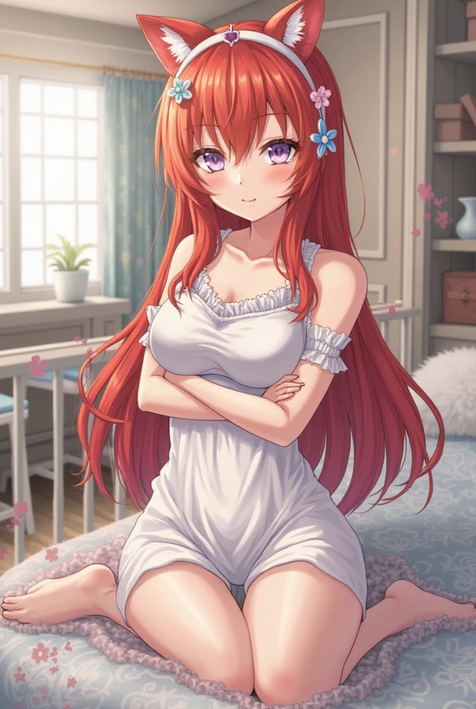 An orange-haired girl with a cute face and blue eyes. She wore a slightly sexy nightgown. she is sitting on the bed. anime girl