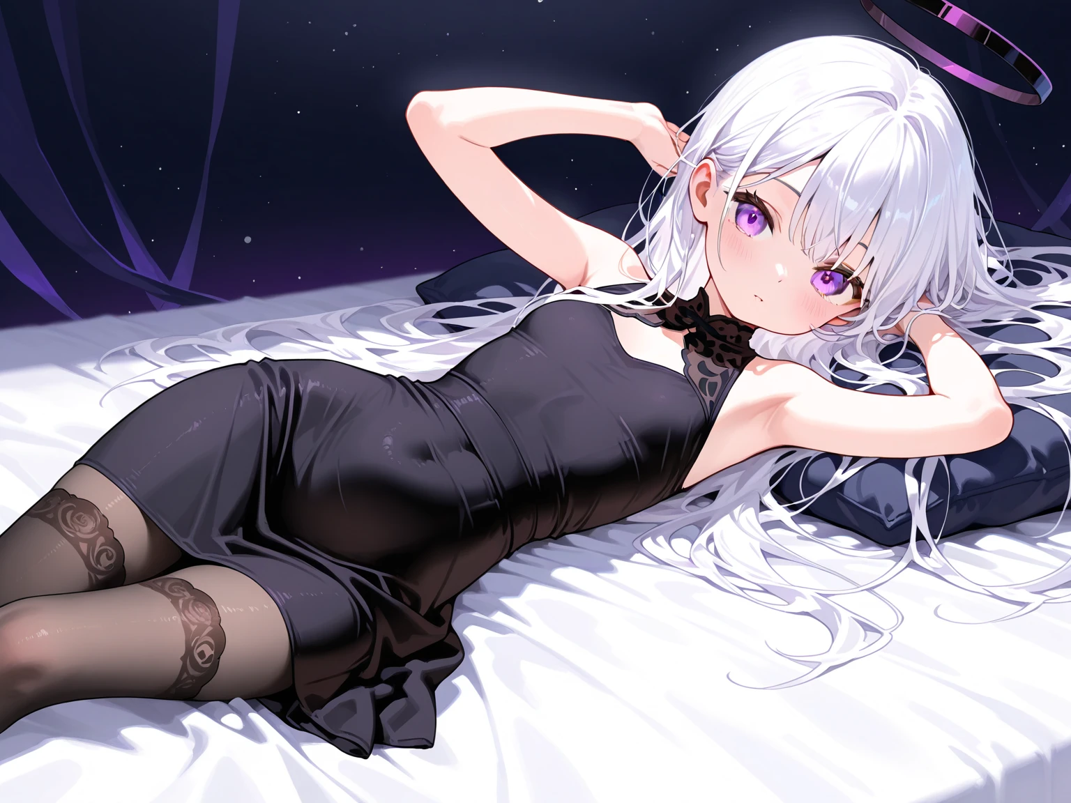 ((Masterpiece, Best quality))++, Detailed light+,  Detail hair+, detail hands, 1girl, woman, Long hair,  dark red eyes, Beautiful eyes, 20 years old, white hair, (Beautiful white hair:1.3), (Beautiful detailed eyes), high resolution+, Masterpiece, Reflective eyes,  {{Angle}}, extremelydetailedwallpaper, full body view, Bedroom, upper legs and slender but curvy thighs, stars in the sky, Black thigh boots, lace-up boots, Gothic_Lolita, corset, great legs, vagina, shoulders exposed, smile, shy, trying to be seductive but a little embarrassed, flirty, topless, small breasts, pink nipples, hanging star lights 