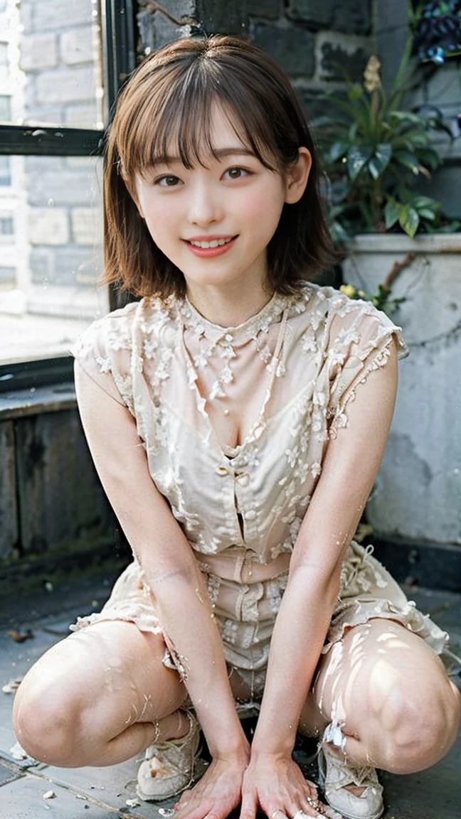 Spring and summer girlish casual style portrait。The model has fluffy curled bangs and light brown short hair.。She wears a white lace top、Denim miniskirt、Wear pink sandals。Accessories include、Includes floral hair clips and beaded bracelets。
