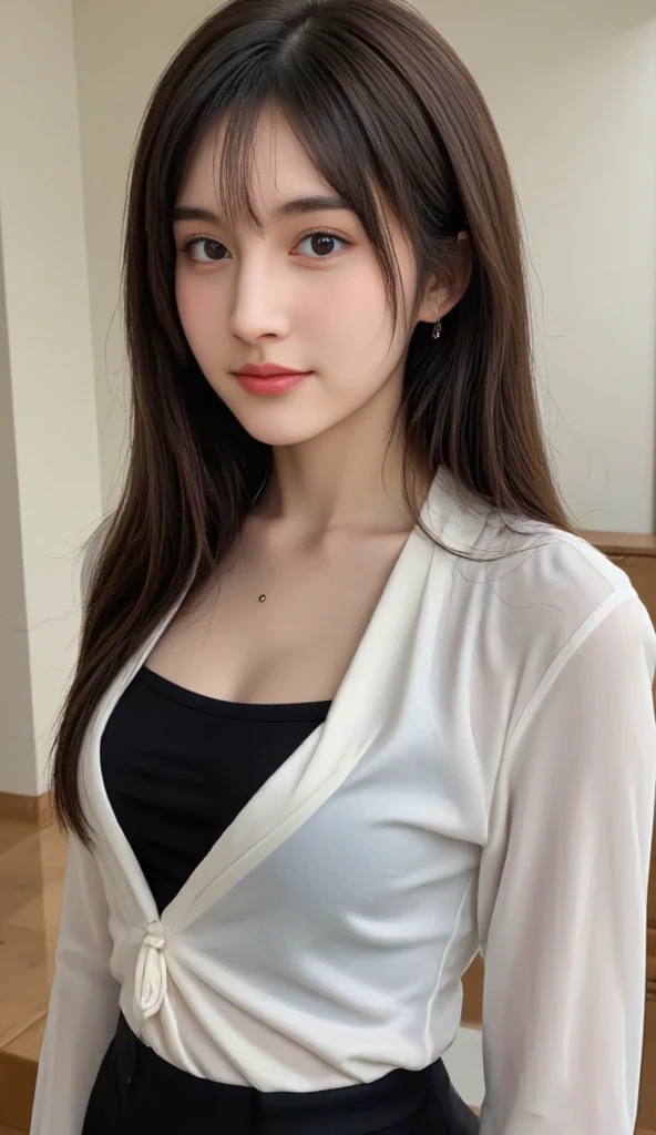 (Satin blouse、Tight blouse、Cross your arms in front of your body)、cute japanese woman、23 years old、young girl