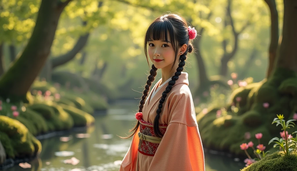 ((tachi-e)), original,(illustration:1.1),(best quality),(masterpiece:1.1), (extremely detailed CG unity 8k wallpaper:1.1),(ecchi0.5), (trees:0.5), (flowers:0.6) ,(birds:0.2), (bamboo0.1), lakes,(panorama shot:1.4),(full body:1.05),(solo:1.2), (ink splashing),(color splashing),((watercolor)), clear sharp focus,{ 1girl },((chinese style )),(flowers,woods),outdoors,rocks, looking at viewer, make happy expressions,soft smile,pure,beautyfull detailed face and eyes,beautyfull intricacy clothing decorative pattern details, black hair,black eyes,Hangzhou, wuchangshuo, wuchangshuo in background,erjie, <lora:Threesister-erjiev2:0.8>,<lora:moxin_1010:0.2>,((arms behind back)),sitting,