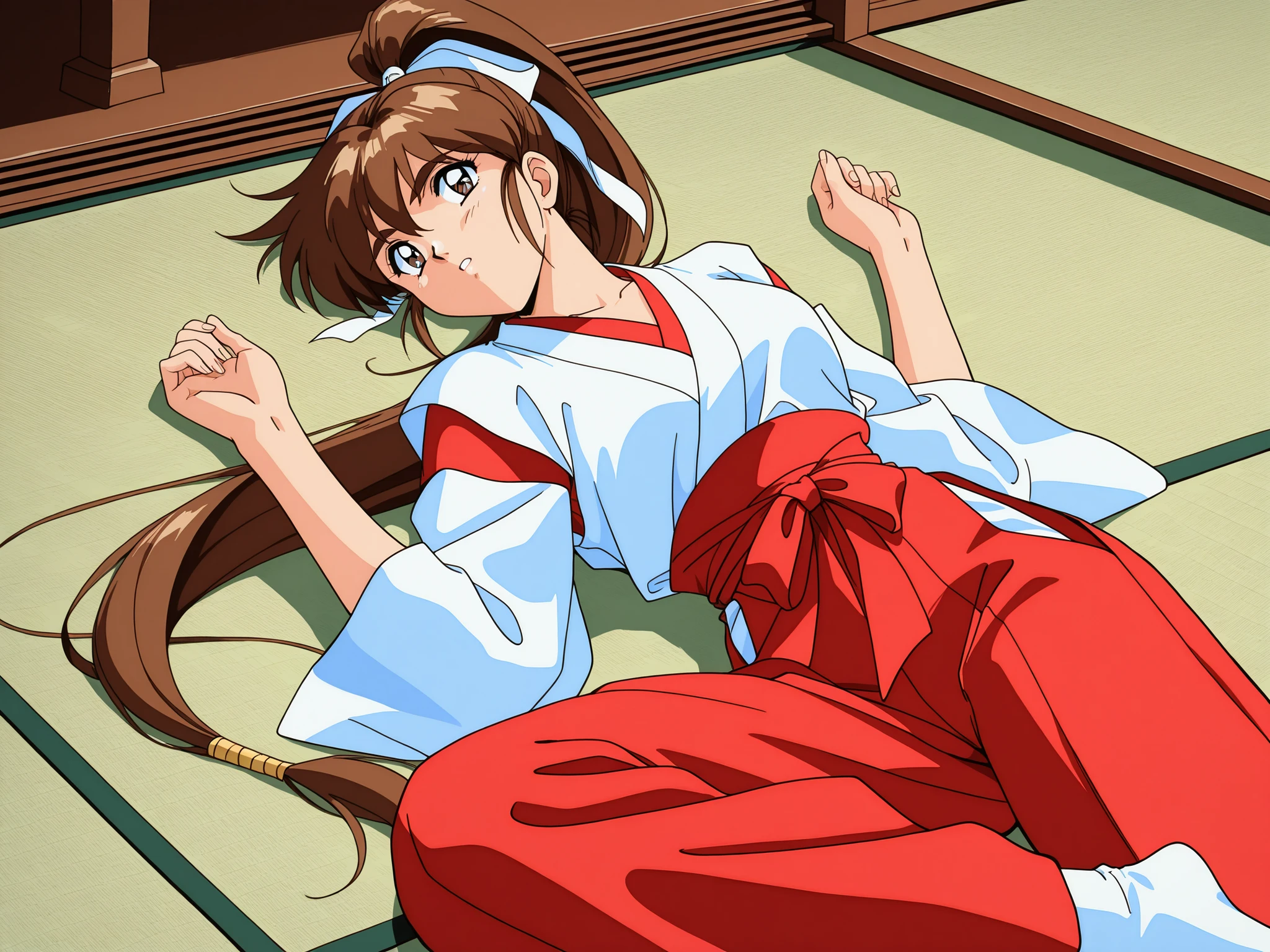 1girl,solo,masterpiece,general,highres, ultra-detailed,very aesthetic,best quality,best hands,easynegative,perfect anatomy,BREAK,Amatsu_Ai, brown hair, ponytail, very long hair,bangs, high ponytail, 1990s \(style\),anime coloring,kawaii,BREAK,miko,shrine maiden outfit,lying on tatami,