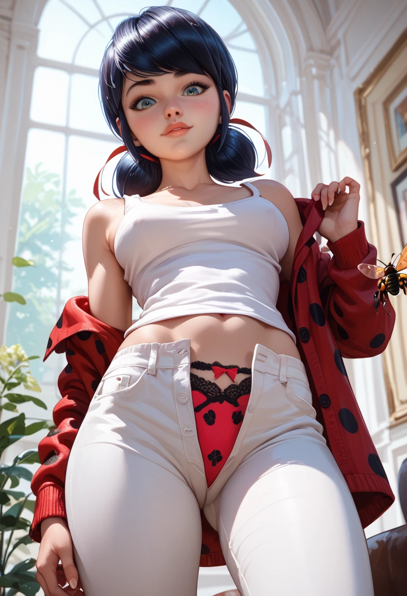 tall caucasian woman; 23 years old; short black hair; blue eyes; pale Caucasian skin; hourglass shape; very large breasts; Disney-style, CGI; best quality; high definition; trending on artstation; complex volumetric lighting; Laying on a bed at night, low incandescent lighting; shadows; tight pink flannel pyjama top and pink flannel pyjama pants; tomboy