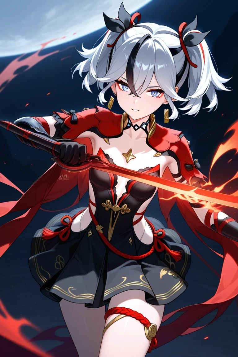 1 girl、Silver short hair、(Red hollow eyes)、Fantasy、witch、Black and green outfit、Aggressive design、Cape、Yellow decoration、accessories、Villain、(Magical Items)、whole body、Mysterious Forest、Wind Magic、Dark Magic、((Dark Aura))