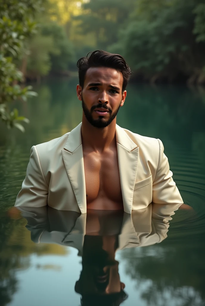 ultrahigh resolution, La mejor calidad, Cinematographer, 4k, (fotorrealista: 1.4), cinematic lighting, A handsome 38-year-old man bathing in a river..., barba, brown eyes