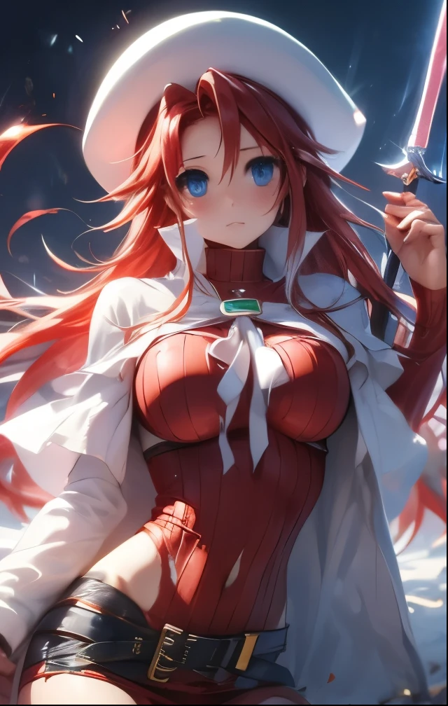 (((SFW、Highest quality、 first class masterpiece 、normal body 、32k、detailed face、super precise、normal hand、5 fingers、Highest)))、Atti(summon night)、Aty(summon night)、Beautiful Girl、Red-silver hair、 flowing hair 、beautiful breasts、slender、 slim、 can be used、A tattered red tight suit full of ripped holes、torn clothes、 Navel Exposure 、chest exposed、Muscle Exposure、super miniskirt、white beret、During combat、magic、 Magic Light 、sword、fluid、Sword fighting、Torn Clothes、Outfit Bust、blush