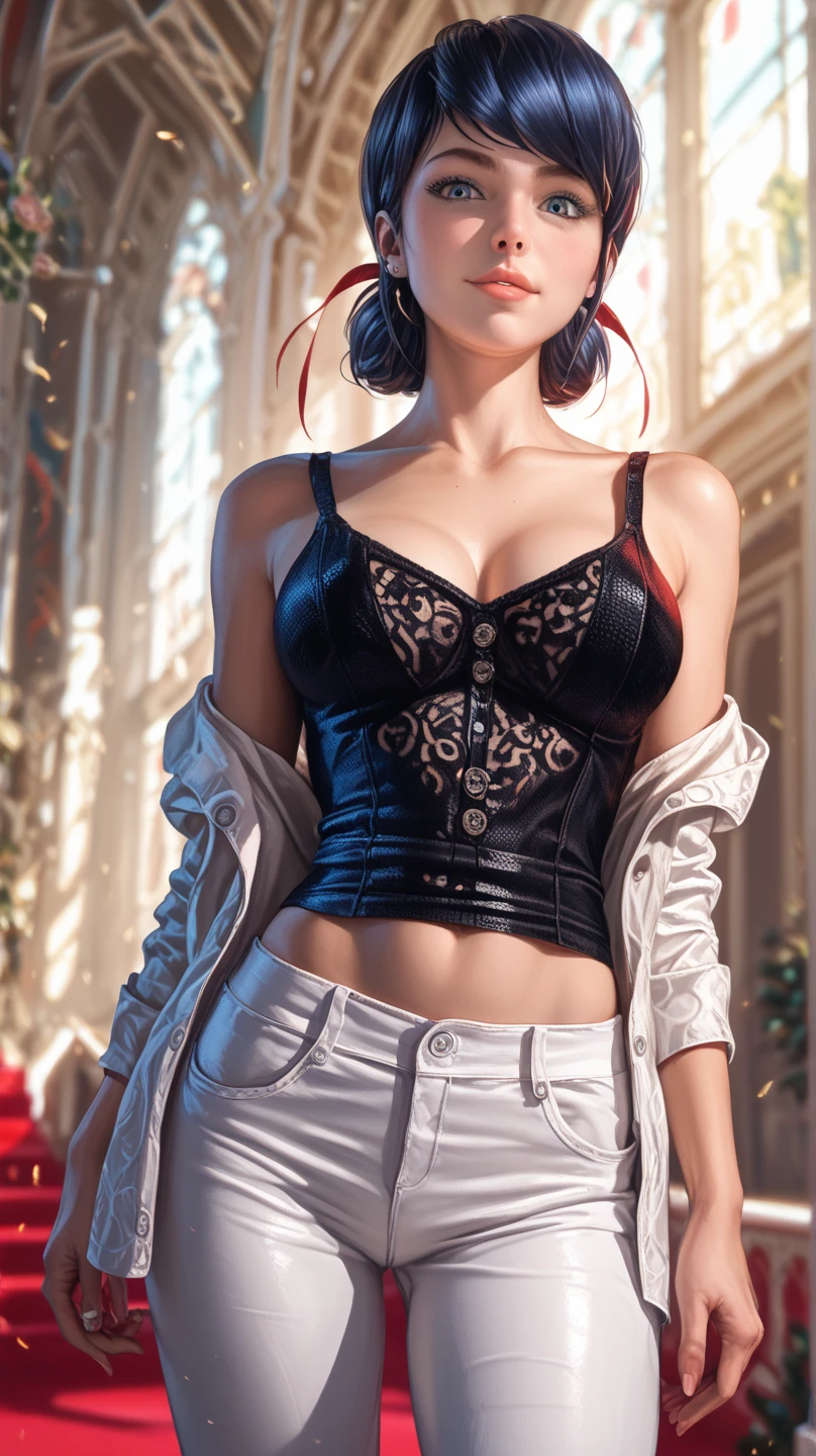 1 beautiful woman, 20 years old, pale white skin (very detailed and delicate skin), bright blue eyes (vampire eyes) (very detailed and expressive eyes), red hair, short hair, perfect body, perfect abdomen, perfectly round butt, makeup, red lips, delicate earrings, delicate necklace, choker, hair band, look at viewer, ((black cardigan)), very tight short skirt, sexy pose, in a room with a city view (masterpiece), (8K), (cinematic lighting, (photorealistic), (minute details)