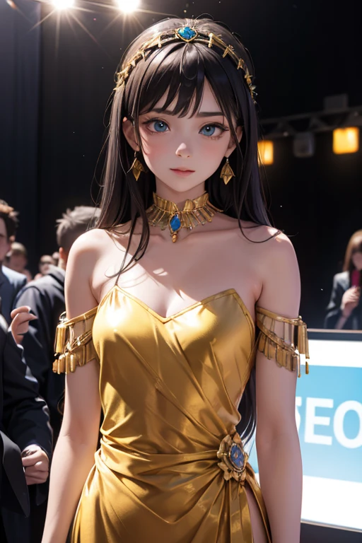 masterpiece, best quality, highres, mizuki yukikaze, hair ribbon, samll breast, cleavage, dress, bra, jewelry, golden dress, bare shoulders, earrings, armlet, bracelet, high heels, handbag, luxury, celebrity, cowboy shot, hand on hip, street,