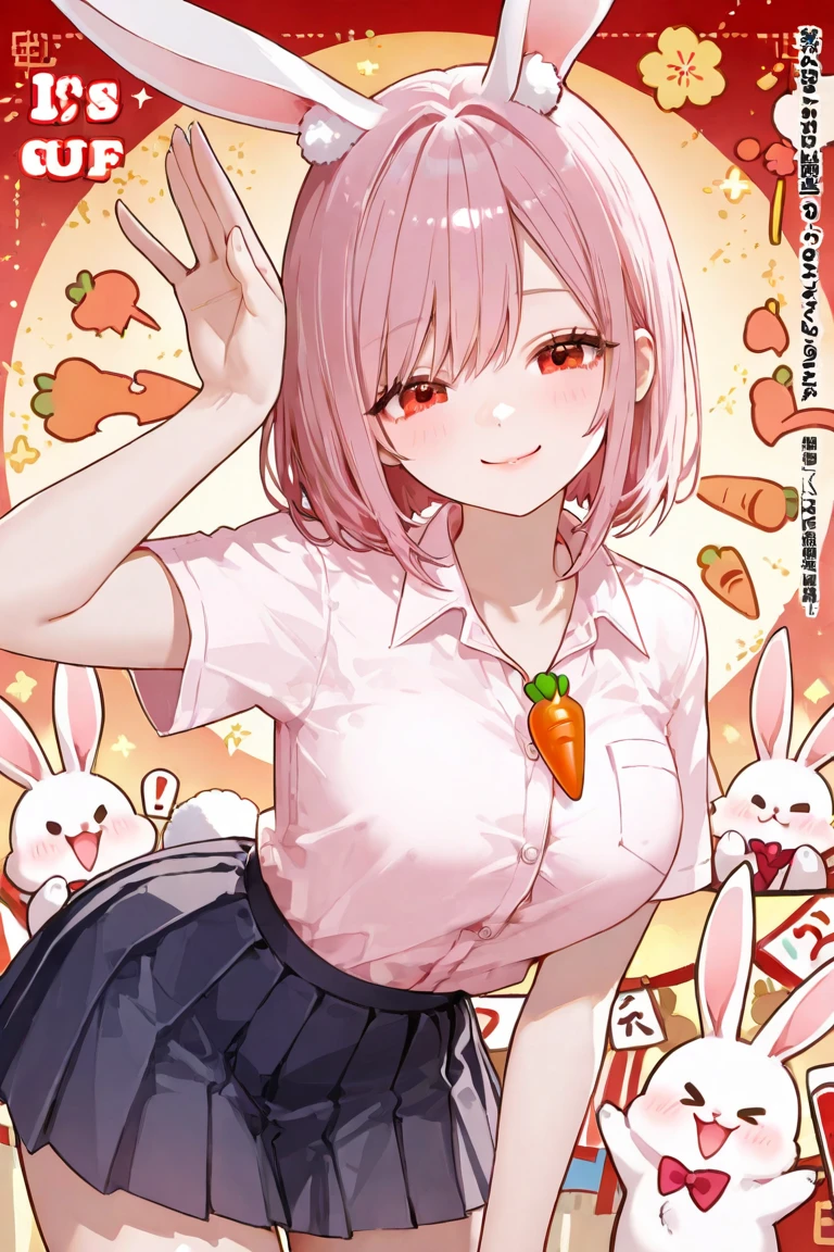 masterpiece, best quality, 
special week \(umamusume\), 
(mouth hold carrot:1.3), indoors, 
upper body,
ear bow, purple bow, puffy short sleeves, neck ribbon, blue ribbon, cropped jacket, white jacket, two-tone jacket, collared shirt, white shirt, purple vest, wristband, wrist cuffs, white skirt, <lora:special_week_loha:0.6>