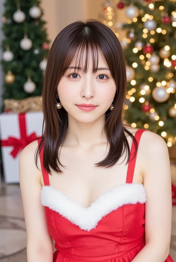 masutepiece, Best Quality、18year old、女の子1人、Christmas_Dress、Santa Claus Costume、Christmas、Christmas tree、femele、hi-school girl、A smile、ssmile、report、 Brown hair、a woman in a、​masterpiece、top-quality、Very Detailed Masterpiece、hight resolution、8K、韓国アイドル、乃木坂アイドル、hposing Gravure Idol、、Fashion Model Pose