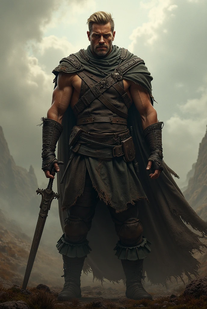 Height and Build: Zone stands tall at 6'6" with a muscular, battle-hardened physique. His body is scarred from countless battles, the most prominent scar running diagonally across his chest.Face: He has sharp, angular features with intense, deep-set dark eyes that convey a sense of power and experience. His short, spiky black hair adds to his rugged appearance.Aura: Zone's presence is commanding and intimidating, with an aura of danger and strength.Clothing:Hat and Cloak: Zone wears a wide-brimmed, dark brown hat that casts a shadow over his face, adding to his mysterious aura. Over his shoulders, he drapes a long, dark cloak with a high collar, reminiscent of a captain’s coat, that billows dramatically behind him.Outfit: He wears a loose, open-collared shirt, usually dark green or blue, left unbuttoned to reveal his scarred chest. His sturdy black pants are tucked into heavy-duty boots reinforced with metal plates.Katana: Zone carries a black katana with a dark, ominous blade, always sheathed at his left side. The katana is his most prized weapon, known for its deadly precision.