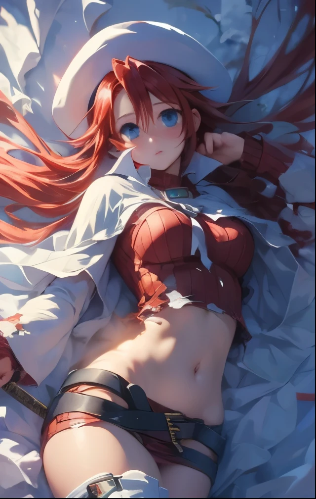 (((SFW、Highest quality、 first class masterpiece 、normal body 、32k、detailed face、super precise、normal hand、5 fingers、Highest)))、Atti(summon night)、Aty(summon night)、Beautiful Girl、Red-silver hair、 flowing hair 、beautiful breasts、slender、 slim、 can be used、Tattered Red Tight Suit Full of Holes、torn clothes、 Navel Exposure 、chest exposed、Muscle Exposure、super miniskirt、white beret、During combat、magic、 Magic Light 、sword、fluid、Sword fighting、Torn Clothes、Outfit Bust、blush