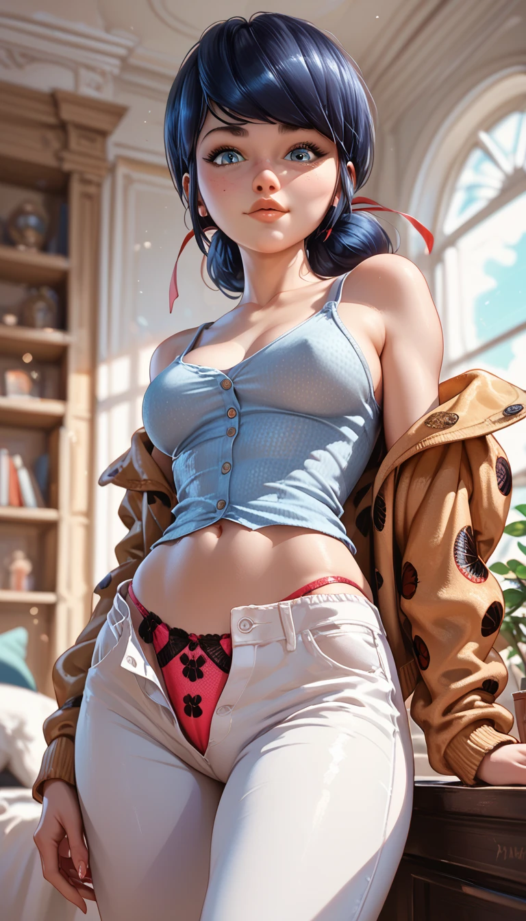 absurdres, High resolution, Super detailed, (mature woman1名:1.2), (dark brown skin:1.4), abs,small_breasts、unity 8k wallpaper,woman, Dynamism,forward leaning posture、Cleavage is visible through the collar of the T-shirt、intricate details,well-developed abs、(black hair)、spread your legs、she looks away, Loose-fitting clothing、(White background:1.22)Museum、Sitting in a chair、There is nothing in the large room、Pure white room、Blurred Background、Sagging breasts、Leaning forward、Setup fashion、Overalls、Colorful clothes stained with paint