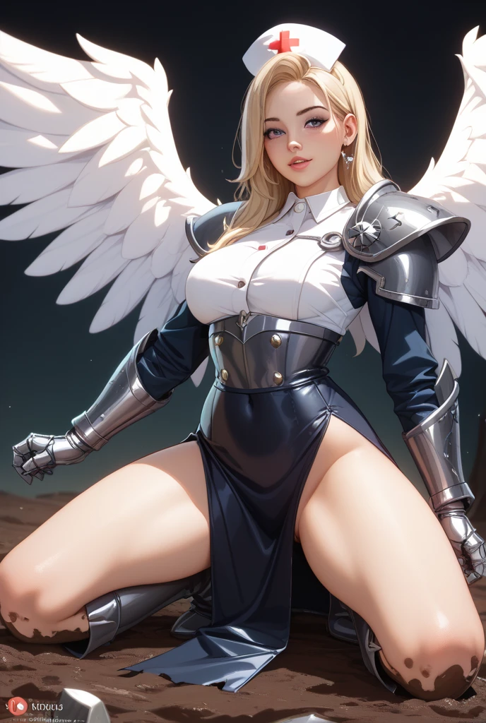 gwen tennyson,yorha 2b,tracer,claire farron, overwatch,atelier ryza,close up,heaven castle battle,tattoos,golden and white plugsuit, white short sleeve angel top,short sleeve archangel jacket,long angel skirt,angel harness corset,long curly hair,punk makeup, green eyes,multicolored silver hair,long dress train,sexy smile,freckles,beautiful girl,thigh high angel boots,large breasts,8k,ultra detailed, realistic,fantasy art,archangel armor,angel tunic dress,hair pin,ear piercings,golden crystal hand and neck jewelry,(weather:windy),1girl,long golden angel cloak,holding a angel spear,large angel wings,