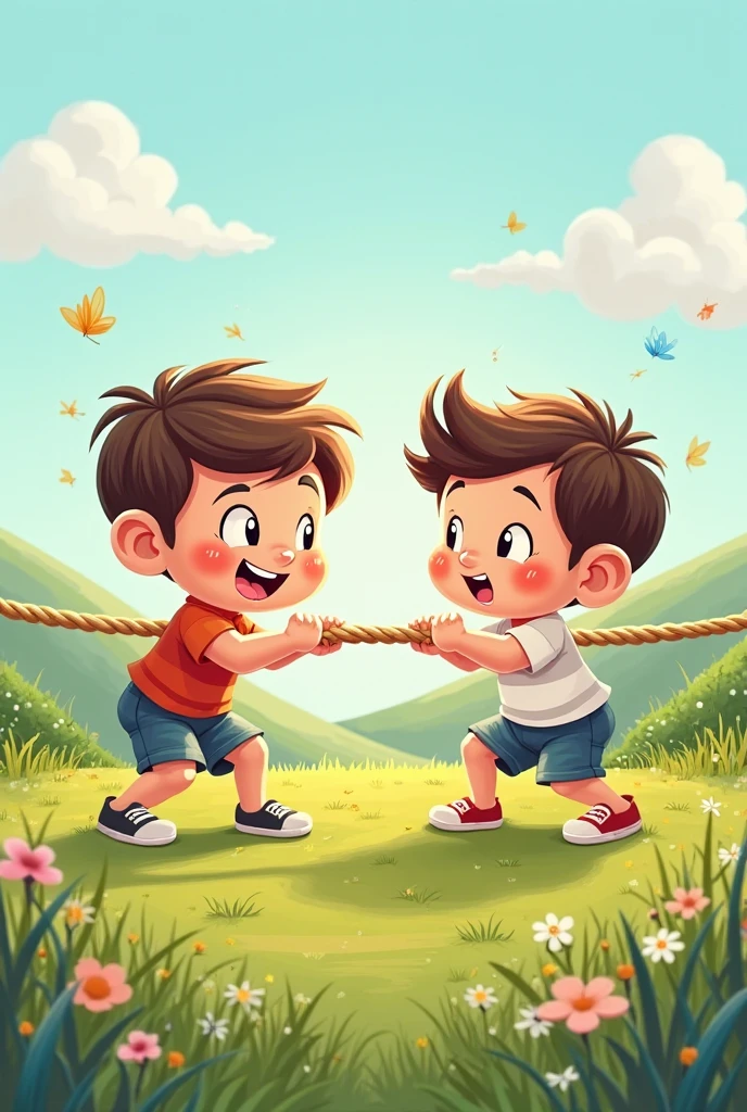 2 kids playing tug of war

