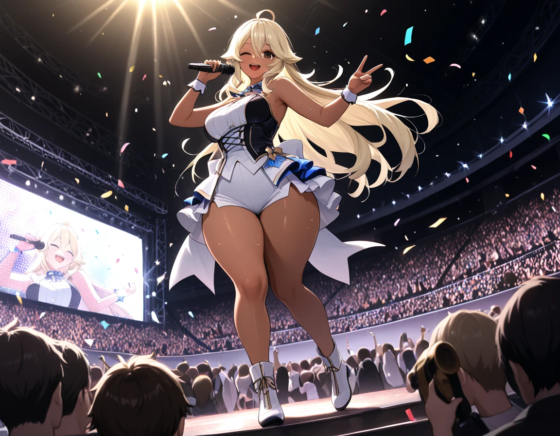 Adult, Perfect Female Figure, Small Breasts, a3ri1th, Blonde Hair with Fringe, Light Eyes, peeing herself, peeing, peeing self, outdoor stage very desperate to pee, holding a guitar on stage, full face blush, sad, crying, flustered, pubic hair, white panties, white pantyhose soaked wet, peeing, peeing self, peeing, peeing self, pee puddle, puddle of her own urine is forming around her feet, standing on stage, cinematic lighting, anime still HD