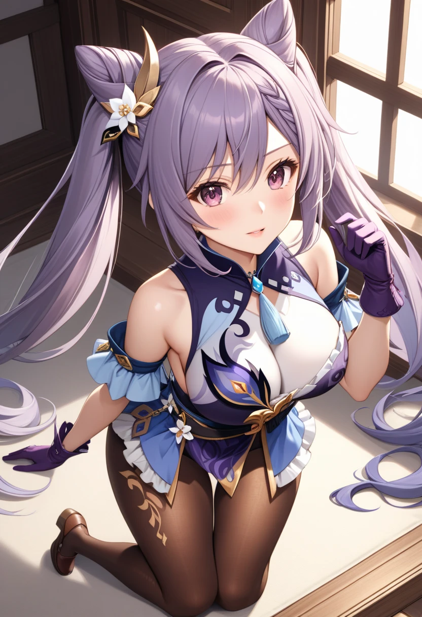 game style girl，little man，purple eyes hair，Purple and white designed clothes，White over-the-knee stockings，There is something decorating the middle of the forehead，There are two buns on the left and right sides of the hair, facing towards the middle.，The clothes are long-sleeved but the shoulders and collarbone are partially exposed，There are two flat braids，Small to medium breast，Posture: Upper body slightly bent over，Raise your head 30 degrees，Holding the left shoulder with the left hand，Place your right hand on your chest