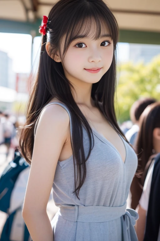 (Best-quality, Masterpiece, Ultra-High-Resolution, (Photorealistic:1.4), Raw Photo, depth of field, professional lighting, perfect anatomy, extremely details), 1girl, 15-years-old, the most famous Japanese idol, portrait, at street, ((wearing the latest fashion, detailed the-latest-fashion)), (extremely cute face like the most popular Japanese idol, ((extremely cute and extremely big eyes)), extremely cute hair, extremely beautiful skins), extremely cute long-eyelashes, extremely cute lips, extremely cute cleavage, looking at viewer, innocent smile
