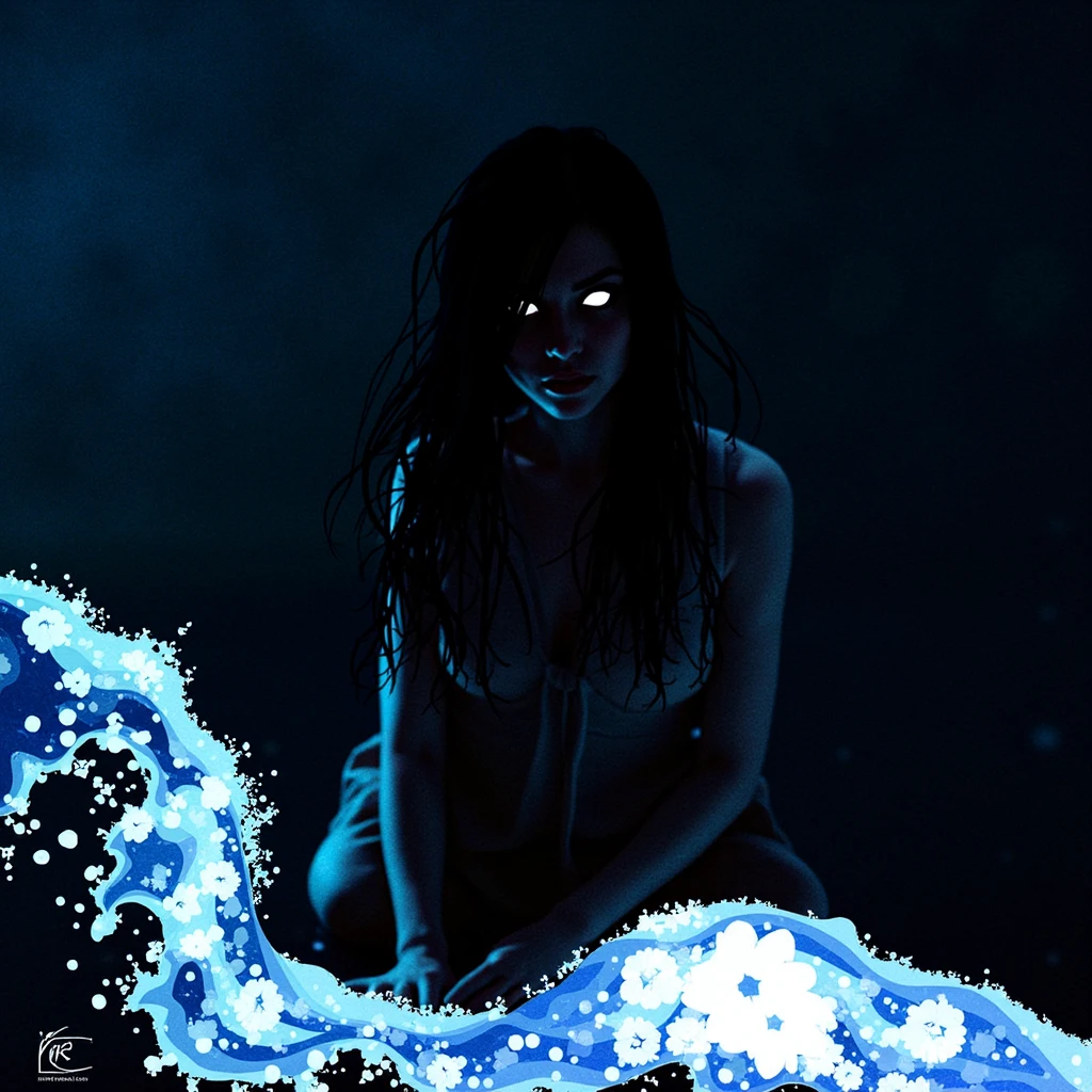 A woman with long black hair and bangs. Her hair covers her face. It's raining. There's a slight wave of water in front of her