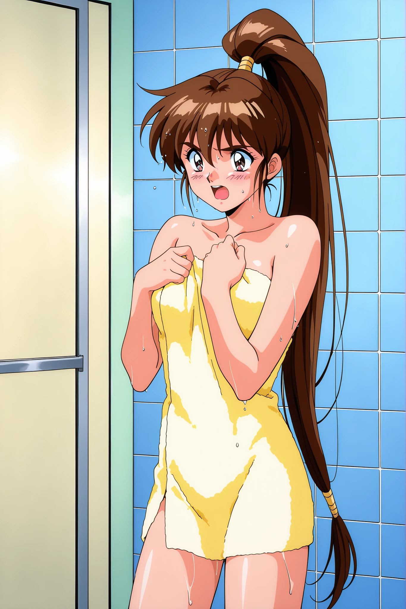 (2000's anime, retro art style, anime screencap, cel shading, high resolution, clean brush stroke, highly detailed, perfect anatomy, NSFW), private western style toilet, tile floor, public indecency, exhibitionism, female masturbation, classroom background, 1 girl (solo:1.5), eyebrows visible through hair, bangs, dark brown hair, blue eyes, smile, full body, full nudity (Completely nude:1.5), preschooler, skinny arms (Female armpit hair:1.5), immature body (flat chest:1.2), pointed chest (natural saggy tits:1.3), wide areola (Ebony areola:1.5), very detailed areolae (Montgomery's gland:1.5), puffy nipples (inverted nipples:1.5), tight waist, small ass, Leg stretching (extended split:1.4), (standing sex), (standing split), ((break a leg)), (female pubic hair:0.0), skinny legs, barefoot, standing on tiptoe, female masturbation (groin friction:1.0), pussy juice,