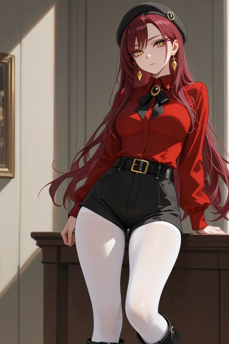 ((masterpiece, best quality, high resolution)), expressive eyes, mature, perfect face, solo, 1girl, red hair, green eyes, pale white skin, tattoos, library, medium breasts, thick thighs, red sweater, black pants, black high-heels