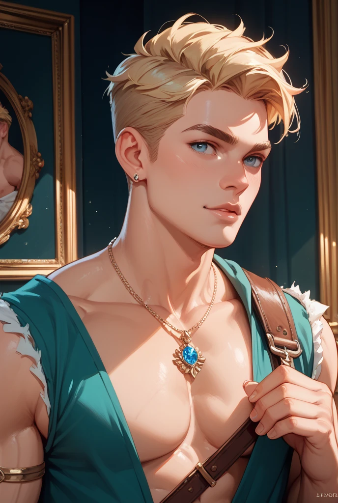male people,Long hair gentle beauty,quadratic element,Freshness,Elf ears,blonde with blue eyes,Lie down in bed,Greek robes,Barefoot,rays of moonlight,florals,Particle