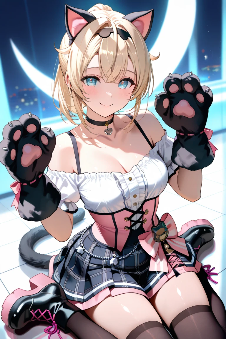 Masterpiece, Best Quality, illustration, city, 1girl, Mordred \(fate\), collarbone, Detailed blond hair ponytail braid, green eyes,,navel,thigh-high, covered_pussy,flat_chest,long_sworddangerousbeast,elbow_gloves,
,wolf_tail,wolf_ears,fang,happy,nihil,smile,spread_legs,claw_pose,armpits,open_mouth,angry,squat,bikini_bottoms,rise_hands,Highquality_hads,perfect_fingers,oil