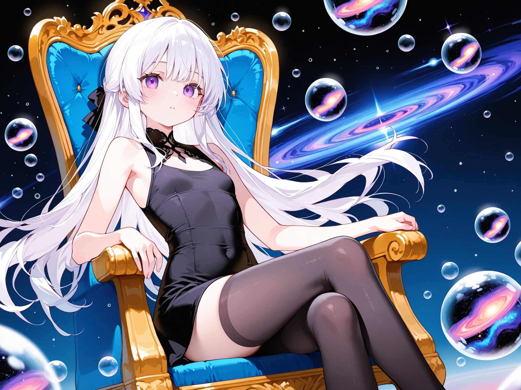 1 girl only, young girl , of white hair, purple eyes, (with long black stockings, sleeveless black fitted dress) sexy pose, sitting on a throne, (surrounded by bubbles with galaxies inside) Floating around her