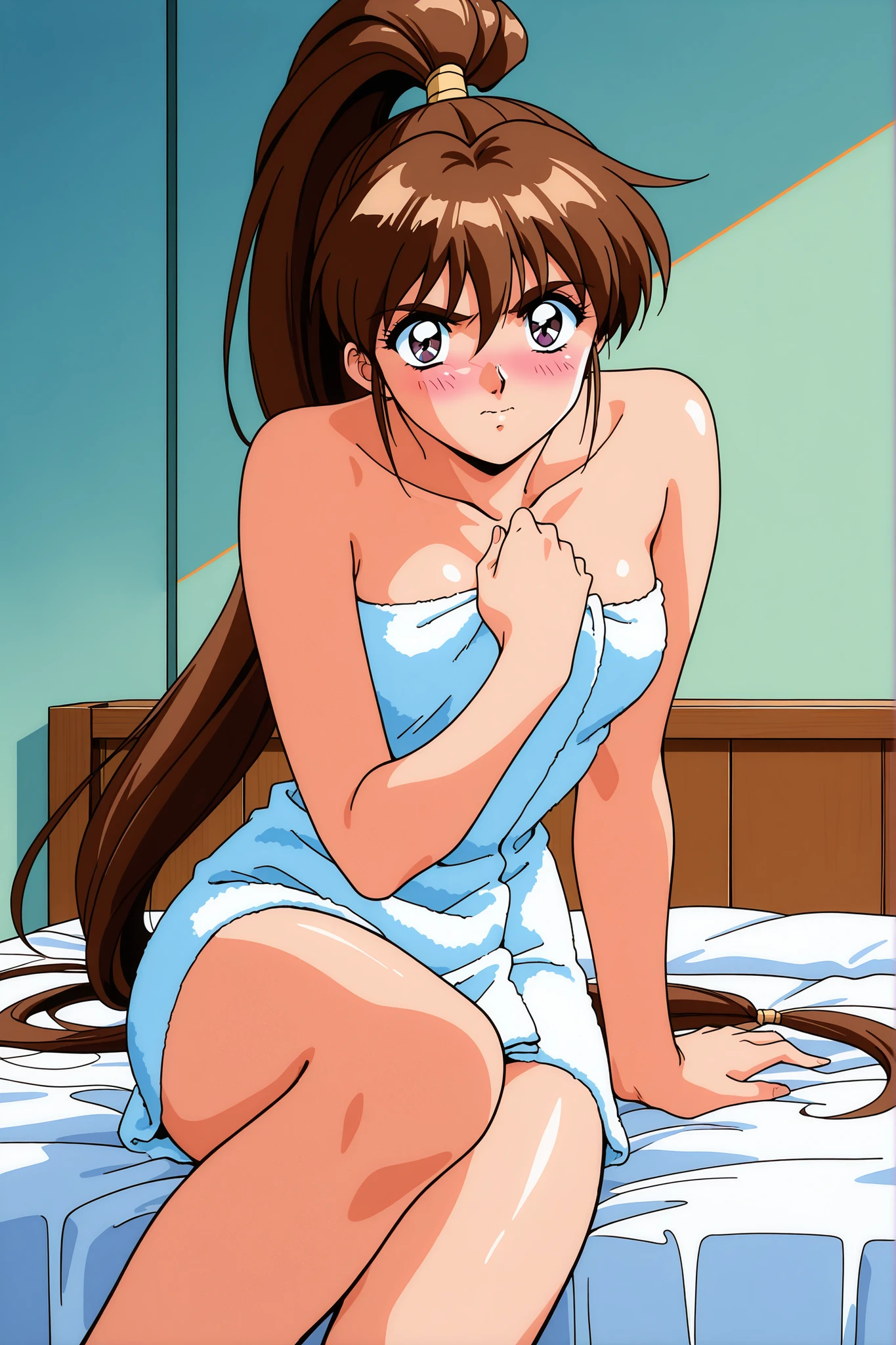 1girl,solo,masterpiece,general,highres, ultra-detailed,very aesthetic,best quality,best hands,easynegative,perfect anatomy,BREAK,Amatsu_Ai, brown hair, ponytail, very long hair,bangs, high ponytail, 1990s \(style\),anime coloring,kawaii,BREAK,bed room,naked towel,half towel,embarrassed,blush,contempt, glare