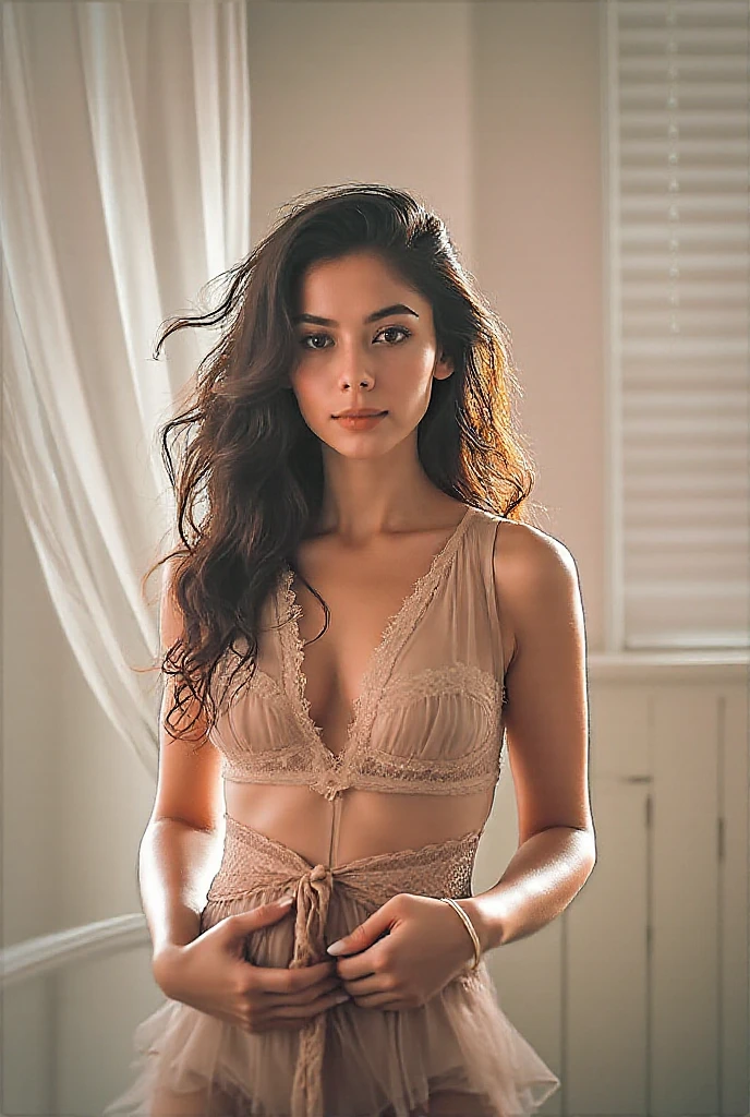 1girl, (best quality ,masterpiece,ultra high res,(photo realistic:1.4), Beautiful Women with Perfect Figure: 1.4, Slender Abs: 1.2, large breasts, (((Long Wavy Hair)), Highly Detailed Face and Skin Texture, (Pose)), (Seductive)), tight fitting clothing, whole body, wet, underwear, seductive_pose, lace_panties, see_through, bungalow, hammock, resting pose