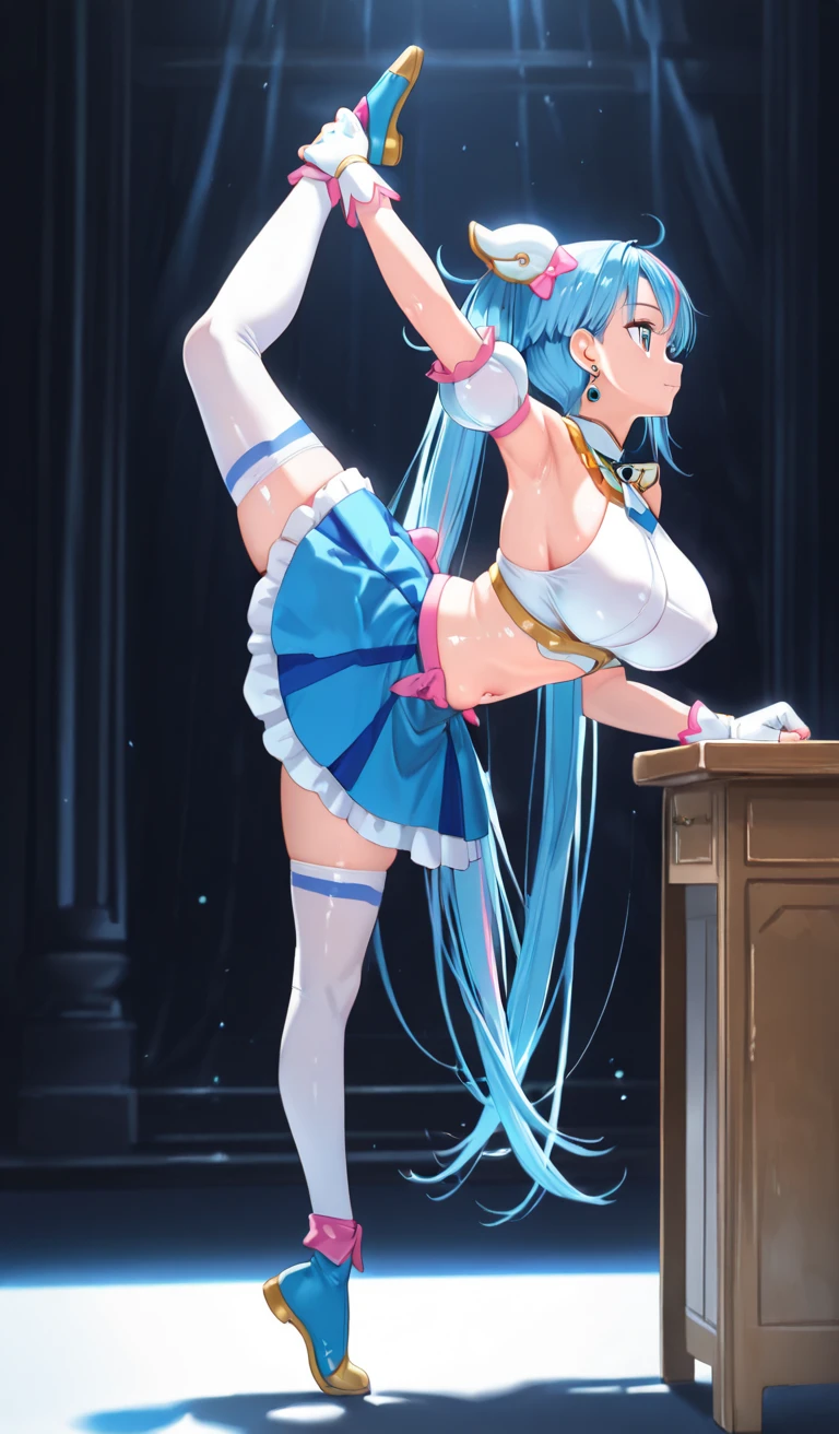 extremely fine and beautiful, Anime style, Cute Girl, standing split, Standing on one leg, 1girl, Long hair, Yellow Ribbon, White shirt, White panties, blue necktie, Blue skirt, black kneehighs, (Thigh thin: 1.1), plein air