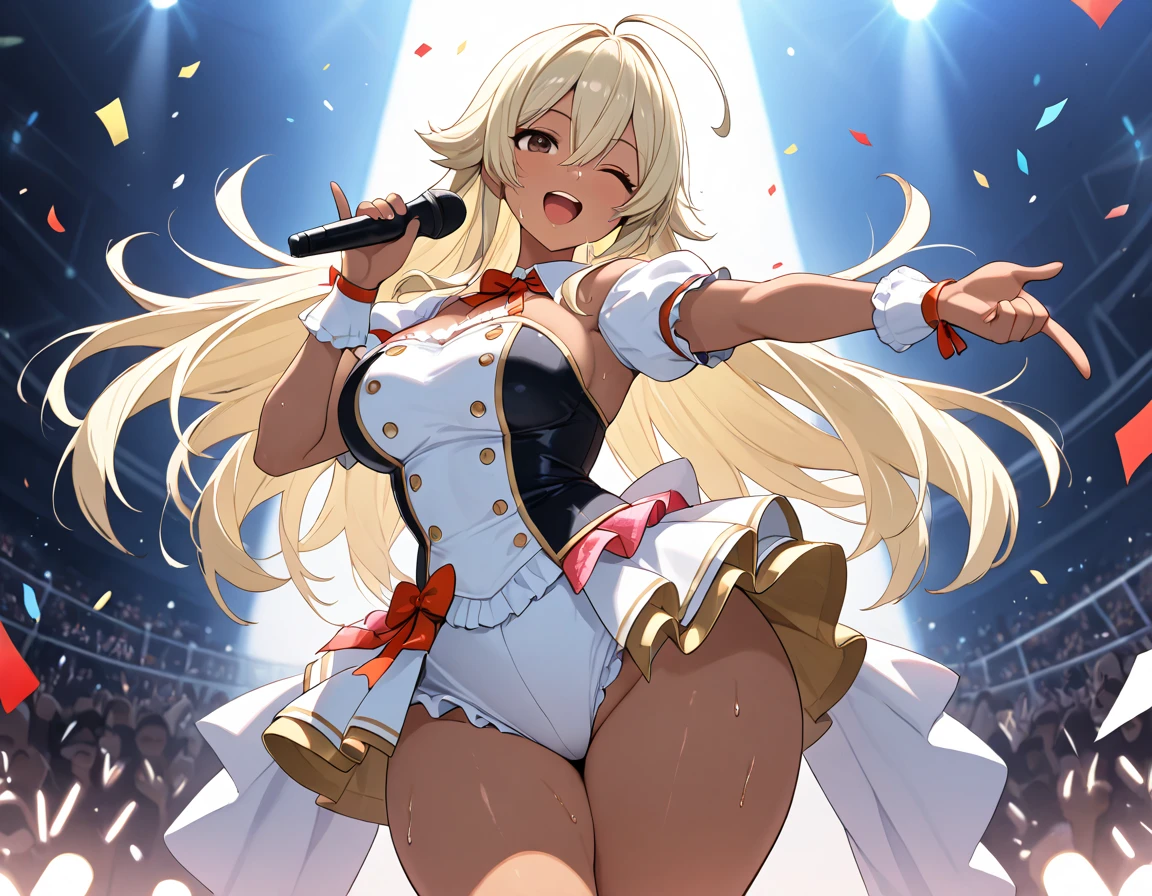 masterpiece, ultra-detailed, illustration, game cg, best quality, highres, kitagawa marin, 1girl, short fluffy blonde hair, swept bangs, gradient hair, red eyes, glossy lips, light smile, blush, large breasts, military hat, red puffy miniskirt, white blazer, red thigh boots, standing, stage, microphone