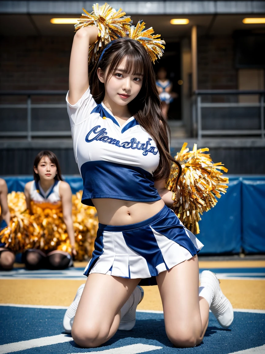 Cheerleader,A small smile,Vibrant,cheer leading,(Cheerleader uniform), (((masterpiece))), (((highest quality))), ((Very detailed)), (figure), ((非常に繊細でbeautiful)),(Bokeh,Blurred Background),(Best Shadow,Depth of written boundary), One girl,White panties, Black Hair, Long Hair, beautiful,gorgeous,beautiful,A radiant smile, change, Shining highlight spots around the eyes, Depth of written boundary, Character Focus,Tilt your head, Random Pause,Jump,Cowboy Shot,