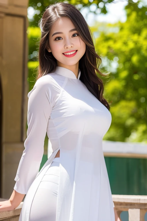 big breasts, round breasts, wearing bra inside ao dai, slim figure, beautiful figure, big breasts, ponytail, sharp 8k quality photo, ((beautiful, sharp, balanced face details) for )), ( (beautiful breasts, plump body), ((beautiful sparkling eyes, sharp eye details, beautiful face)), standing in the middle of Vietnamese rice fields, ((super beautiful body with high details, tight body big breasts and slim waist))