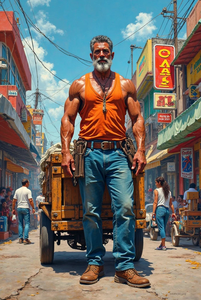 Indian supermanwith long gray hair and white black beard driving truck , truch back with full of burned boan and scules
In sunsets beach and coconut trees and blooming flowers 