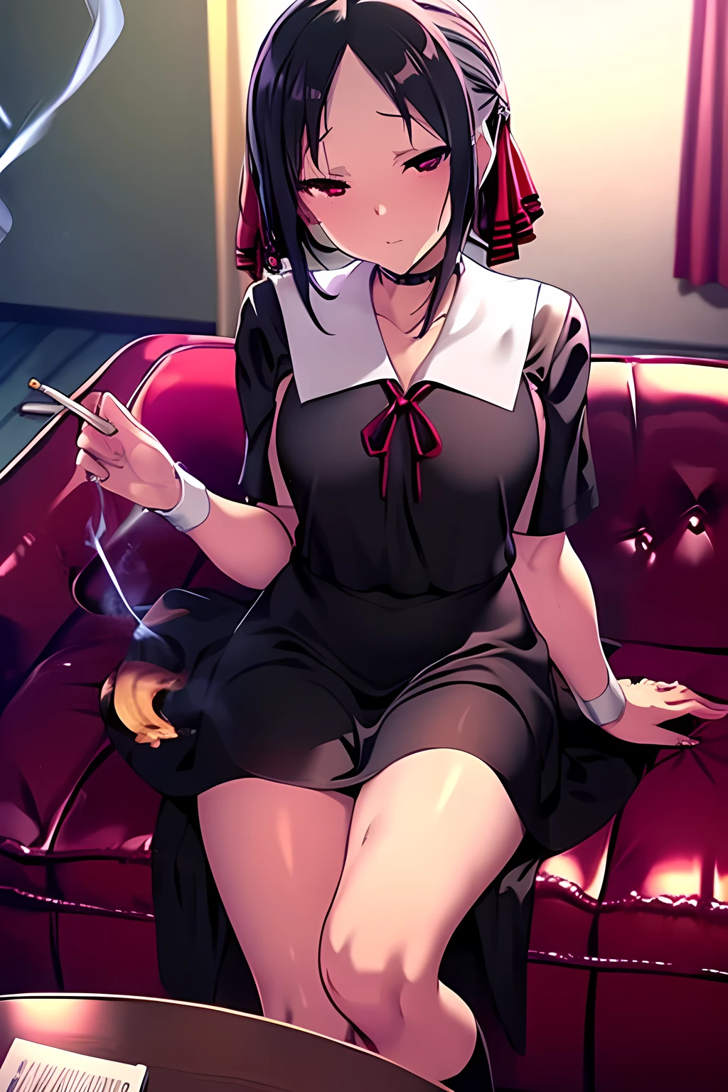 masterpiece, Best Quality, high resolution,shinomiya kaguya, red eyes, black hair, hair ribbon,school uniform,smoking cigarette, on table,inside living room, sofa, extreme detail,