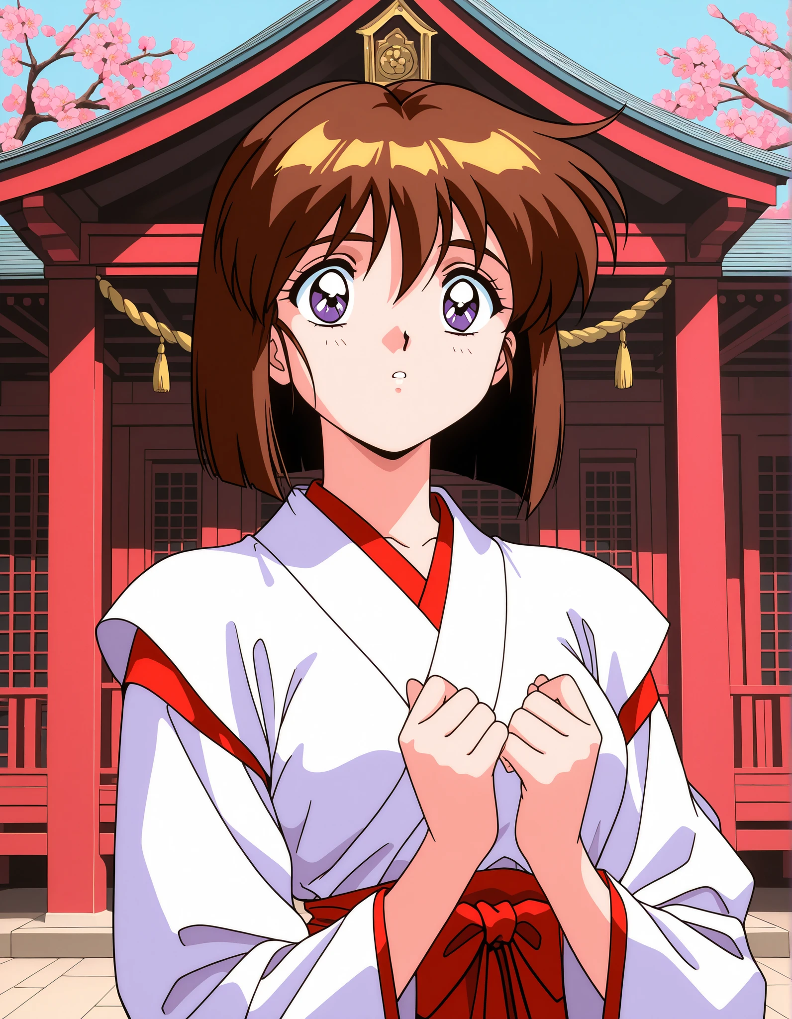 1girl,solo,masterpiece,general,highres, ultra-detailed,very aesthetic,best quality,best hands,easynegative,perfect anatomy,BREAK,Amatsu_Mai, 1girl,solo, brown hair, short hair, breasts, purple eyes, bob cut, bangs,1990s \(style\),anime coloring,kawaii,BREAK,miko,shrine maiden outfit,(((plum blossom))),plum tree,