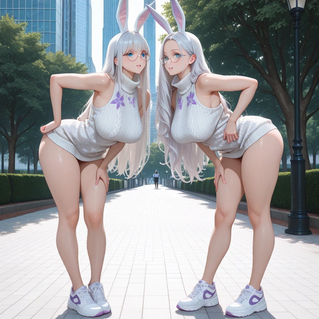 （RAW photos，best qarity，tmasterpiece：1.2），（realisticlying，photograph realistic：1.4），（tmasterpiece：1.4），（best qarity：1.4），1girll，独奏，:d，Animal ear headphones，Animal ear，Arms up，By bangs，Blushlush，leotards，nedium breasts，rabbit pose，Clothes writing，fakeanimalears，mitts，exteriors，Morning，yuki，hair intakes，Earphone，big covered breasts，latex， latex body suit， length hair， manga comprida， looking looking at viewer，big covered breasts， Multicolored gloves， With his mouth open， Pink eyes， red eyes，  Shrug\（The clothes ar\）， Sideburns， skin tight， ssmile， thigh gap， Great legs， Twin-tailed， Very long hair， whitegloves， White hair， alice\（nikke\），（shiny skins）， Realistis，