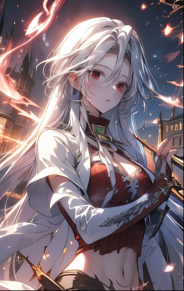(((SFW、Highest quality、 first class masterpiece 、normal body 、32k、detailed face、super precise、normal hand、5 fingers、Highest)))、Atti(summon night)、Aty(summon night)、Beautiful Girl、 Silver Hair、 Beast Ears、 flowing hair 、beautiful breasts、slender、 slim、 can be used、Tattered Red Tight Suit Full of Holes、torn clothes、 Navel Exposure 、chest exposed、Muscle Exposure、super miniskirt、During combat、magic、 Magic Light 、Suikouken、fluid、Sword fighting、Torn Clothes、Outfit Bust、blush、Sword Extraction Awakening、Saber、Transformation