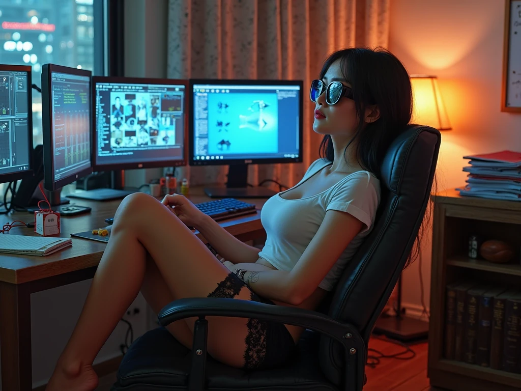 Create a quality, detailed image of a beautiful anime girl with long, loose hair and intricate details. She is sitting in a gaming chair in her cozy gaming room., smiling. She is naked and wearing sexy panties, highlighting her stunning curves. warm, attractive scene includes soft ambient lighting, Comfortable seating, and luxurious bed linen, with a room, lit by a small, Glowing lamp. There are posters in the playroom, High-end PC setup with RGB lighting, and various gaming accessories. The overall atmosphere is calm and intimate., with bright colors and natural light, creating a photorealistic effect.
