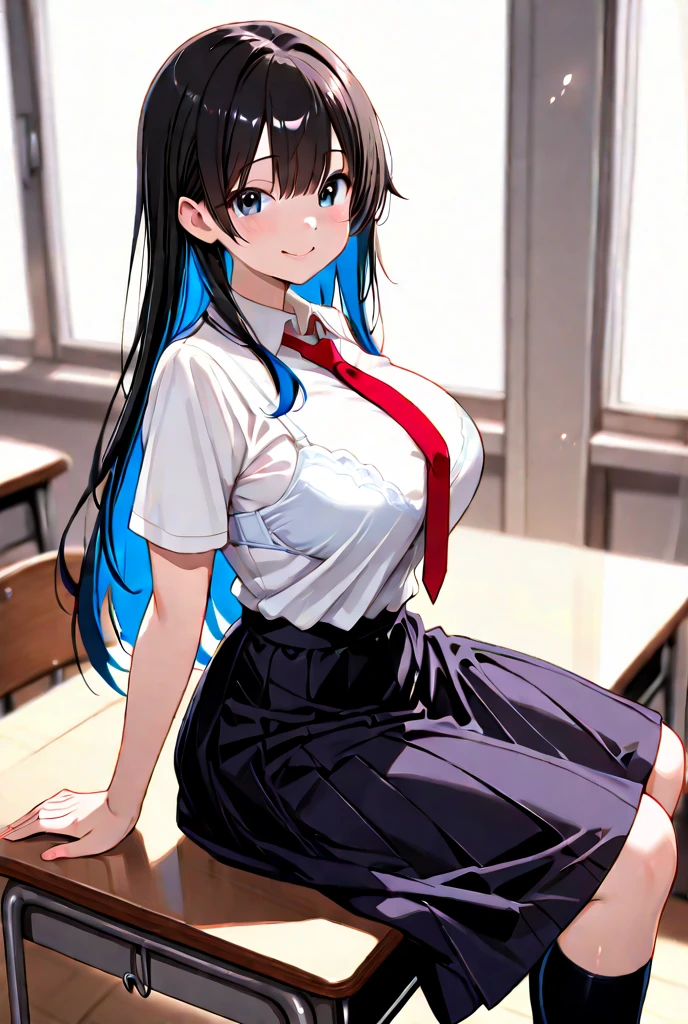 (masterpiece, best quality, 8k, ultra detailed, highres, illustration, Huge breasts), long black hair, inner blue hair, school, (thick tighs), Blue eyes, Pantyhose, short skirt, white shirt, , sexy,solo