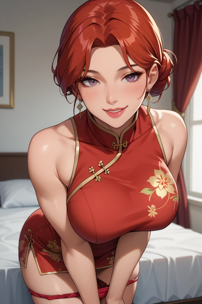 A female wearing a Cheongsam, Body(Fit)\nMuscular\nPersonality(Horny + Driven to breed + Aggressive + Flirty)\nFeatures(6 feet tall + dark red hair + red skin+ D cup boobs) 