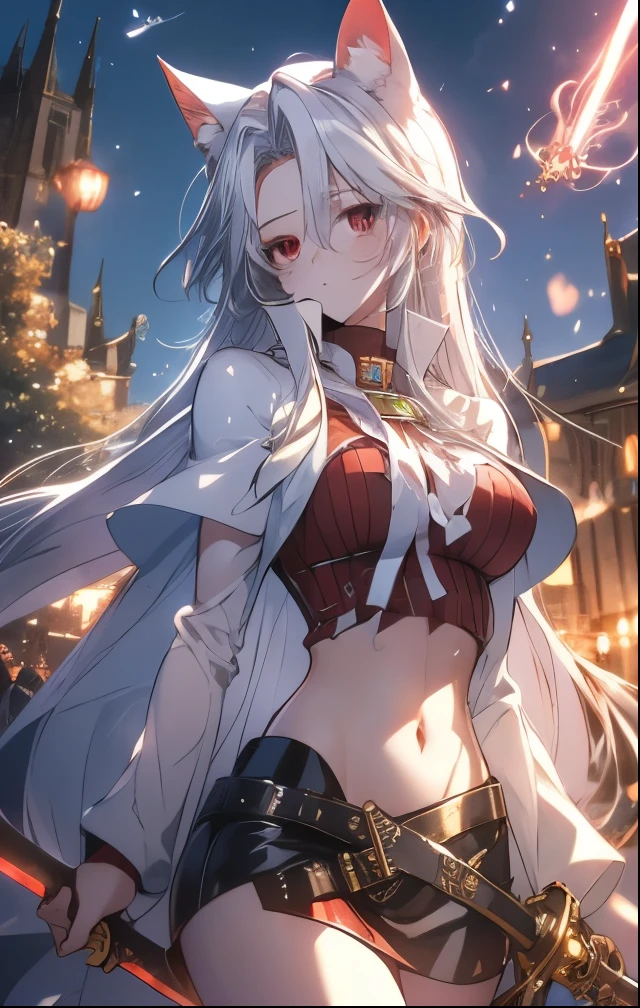 (((SFW、Highest quality、 first class masterpiece 、normal body 、32k、detailed face、super precise、normal hand、5 fingers、Highest)))、Atti(summon night)、Aty(summon night)、Beautiful Girl、 Silver Hair、 Beast Ears、Cat ears、 flowing hair 、beautiful breasts、slender、 slim、 can be used、A tattered red tight suit full of ripped holes、torn clothes、 Navel Exposure 、chest exposed、Muscle Exposure、super miniskirt、During combat、magic、 Magic Light 、Suikouken、fluid、Sword fighting、Torn Clothes、Outfit Bust、blush、Sword Extraction Awakening、Saber、Transformation