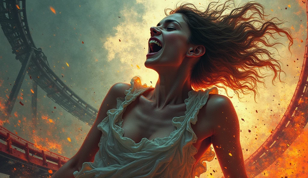 Blondws girl with blue eyes and full lips in the foreground , your hands are at chest height and in the position of an open fist . The girl's gaze is directed at the dark, cloudy sky , her head is tilted upwards , she has an evil laugh . It seems acruoelos , powerful and fearless , in the background is a fiery explosion , the girl is acting as if she had power over the whole world her hands are on her chest and are formed into an open fist , she has an evil smile AN EVIL SMILE The girl has a big evil laugh Her hands are at head height and form an open fist