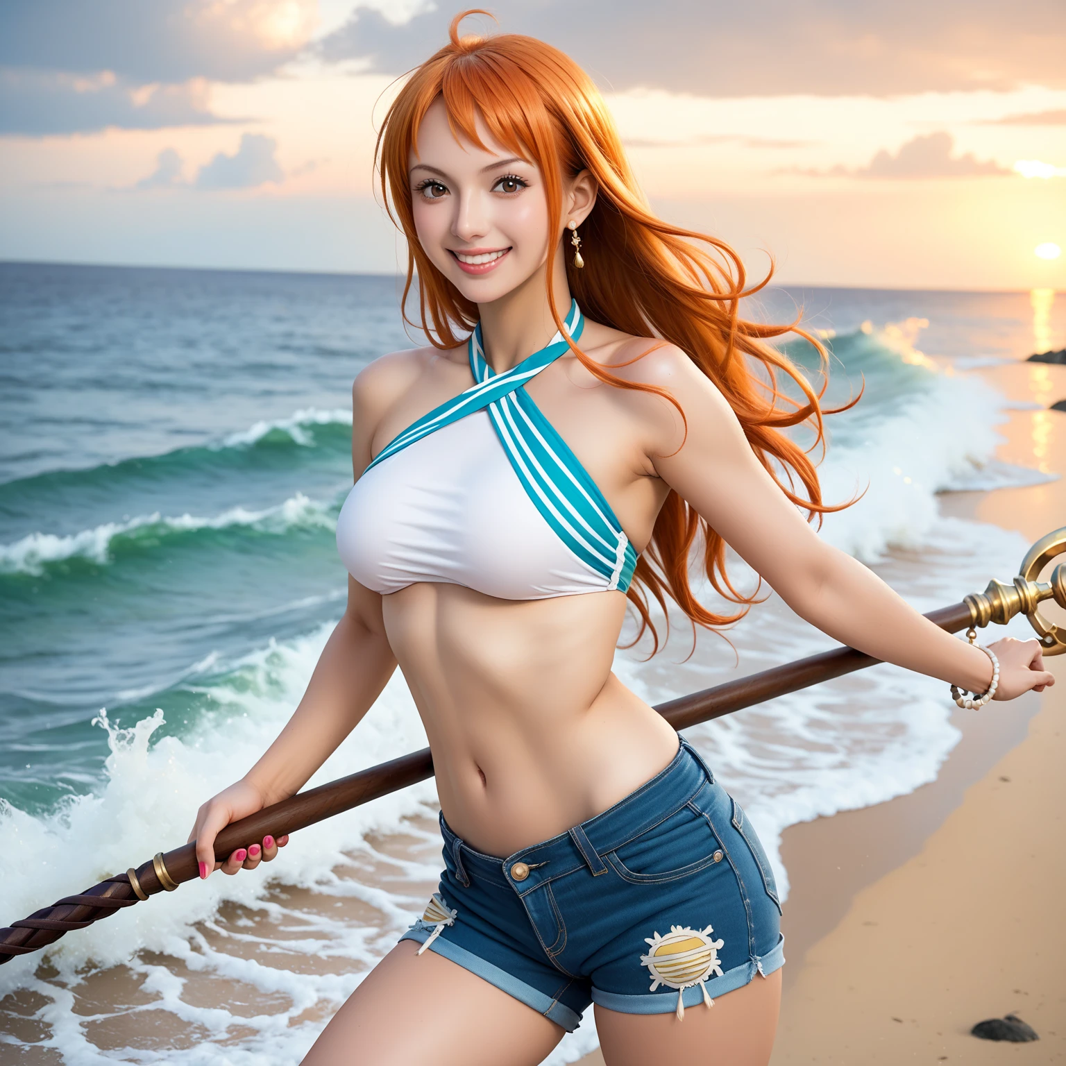Nami\(one piece\)、orange hair、blue eye、thights、(tattoo:1.2)、Straw hat、white shirts、wet shirt、denim、treasure chest、Shining eyes、wet skin、Sea、a smiling look