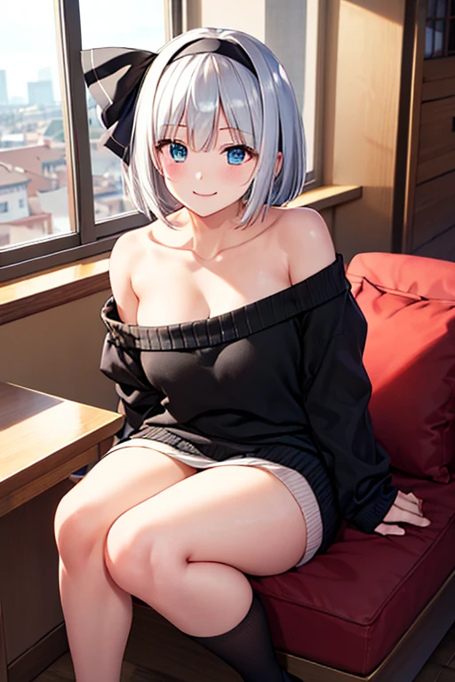 ​masterpiece, top-quality, looking at the viewers, The upper part of the body, Curvaceous, 1girl in, (Medium Hair:1.4)、(Beautiful hairstyle、Silver hair:1.4)、out, 独奏, Blue Ribbon,   blue eyess, A dark-haired, cleavag breast, A smileosed mouth, red blush、Cleavage cutouts、hairnts、Cutouts for clothes、Covered navel、shinny skin、outside of house、grass field、blue-sky、cloudy ash sky、Tight、breasts focus、The upper part body、(​masterpiece:1.47746)、(highly_Detailed:1.05)、(hight resolution:1.05)、(Photorealsitic:1.4)、Best Quality、3D、Realistic、((8K:1.4))、face perfect、(Beautifully Aesthetic:1.2)、Official art、striking visuals、ultra-detailliert、100-layers、ighly detailed、Convoluted、absurderes、detaile、((ultra-detailliert:1.4))、A detailed eye、 (intricate detailes、Volumetric lighting、Cinematographic lighting、Award-winning、Macrovivid Color、thirds rule、yudai、detaileds、elegent)、Colorful and realistic lighting、Chest Hold、((Cosplay:1.8))、(((NSFW:1.8)))